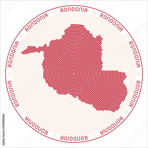 Rondonia round logo design. State shape build of rings. Rondonia text around the state. Vector Illustration.