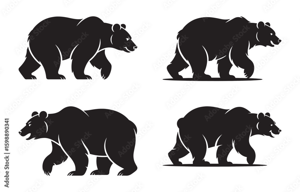 Naklejka premium Silhouettes of four black bears in various poses walking across a white background