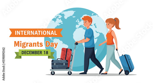Couple with luggage walking past a globe, commemorating International Migrants Day on December 18th, representing global movement and journeying people seeking new opportunities across borders.