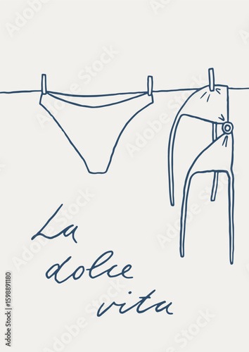 La dolce vita. Coastal summer poster in whimsical Italian Mediterranean style. Whimsy fun line art sea card with bikini drying in the sun. Coquette hand drawn beach poster design. Italian vacation