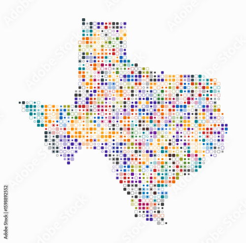 Texas, shape of the state build of colored cells. Digital style map of the Texas on white background. Small size rounded square blocks. Beautiful vector illustration.