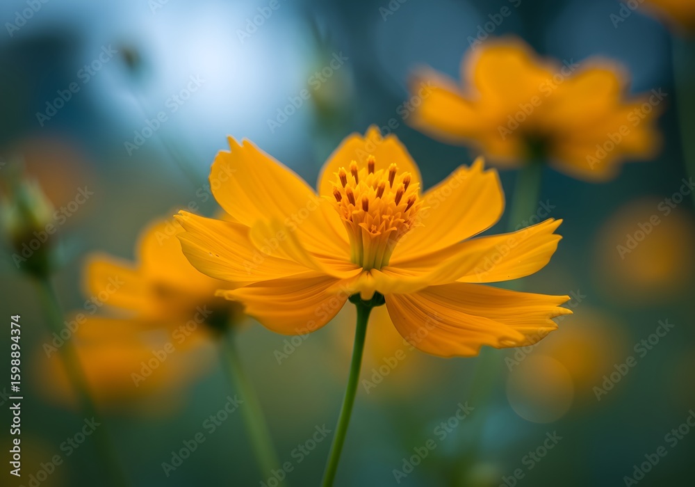 Obraz premium Vibrant yellow cosmos flower in full bloom, radiating warmth and beauty against a soft, blurred backdrop.