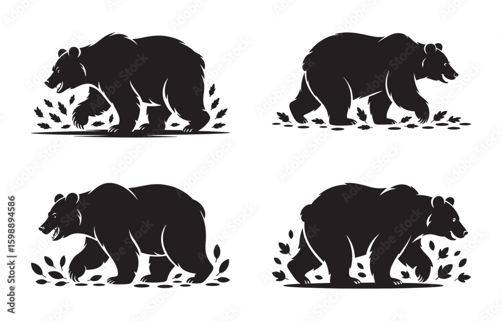 Naklejka premium Set of four black silhouette illustrations of bears walking with autumn leaves and nature