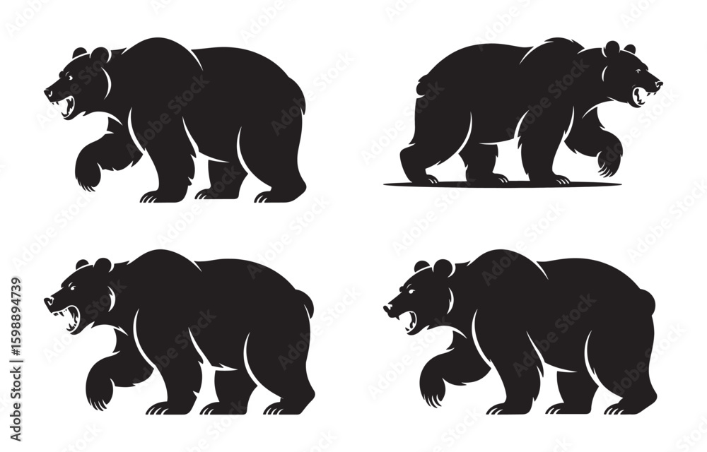 Naklejka premium Set of four powerful bear silhouettes in various walking and aggressive poses