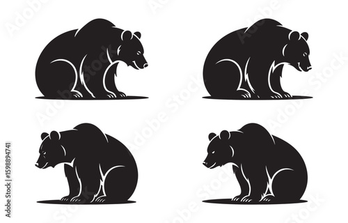Set of four grizzly bear silhouette illustrations showing various posed animals in black color