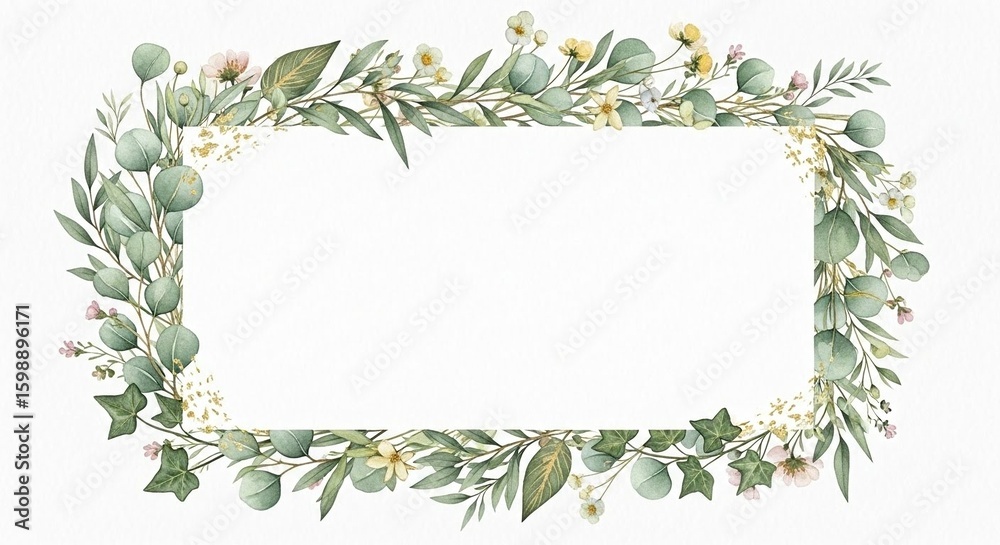 Naklejka premium Rectangular frame adorned with watercolor eucalyptus leaves, delicate flowers, and foliage, creating a botanical border with a white blank space in the center.