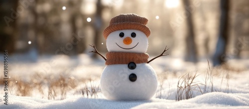 Adorable snowman with a warm hat standing on a snowy field basking in winter sunlight
