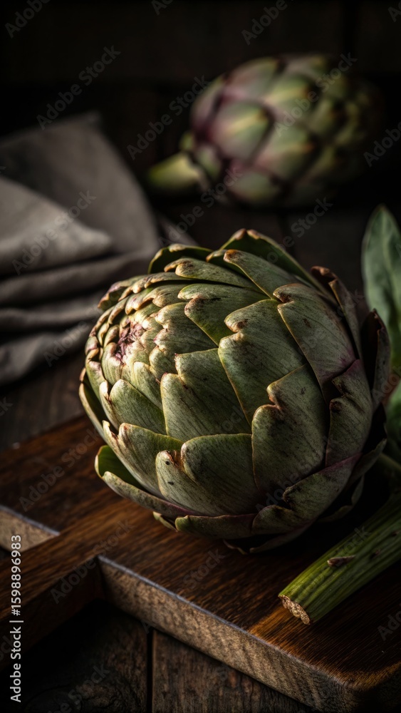 Fototapeta premium Close-up of globe artichoke textures inside moody light - stock photo