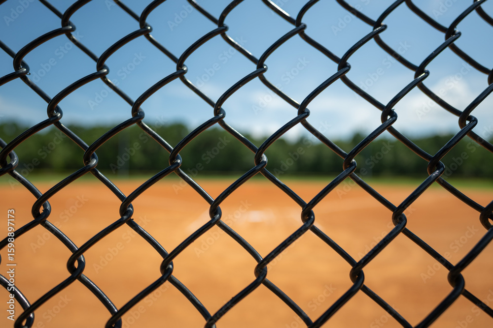 Naklejka premium Looking through a chain link fence at an empty baseball field on a sunny day