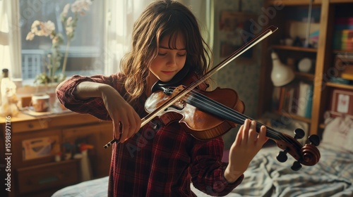 A Young Girl's Serene Practice, Immersed in the World of Violin Music