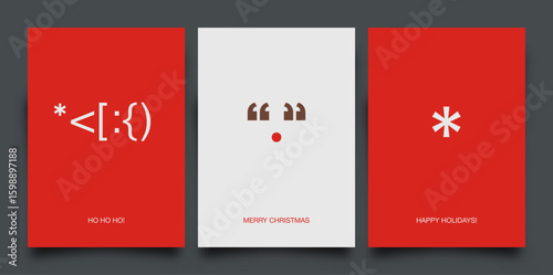 Holiday Greeting Cards design. Punctuation marks appears as a Santa Claus, Reindeer and Snow icons. Vector Illustration.