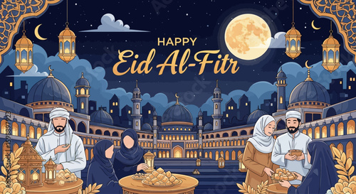 Happy Eid Al-Fitr Celebration with Muslim Family and Mosque at Night