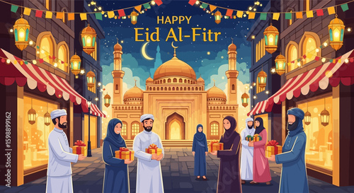 Happy Eid Al-Fitr Celebration in a Festive Cityscape