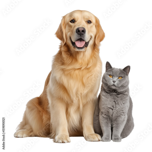 Golden Retriever dog and British Shorthair cat sitting together isolated on a transparent background