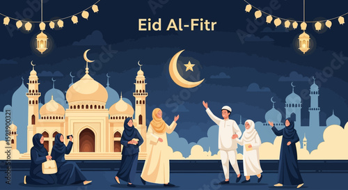 Joyful Eid Al-Fitr Celebration with Muslim Community and Mosque