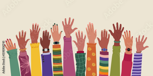 Many diverse multiracial hands raised up. Team cooperation and communication. International community. Hand drawn vector vector illustration isolated on light background, modern flat cartoon style.