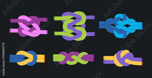 Set of different rope knots. Two two - color cords tied together. Decorative braiding, sea loops. Hand drawn vector illustration isolated on black background, modern flat cartoon style.