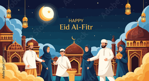 Happy Eid Al-Fitr Celebration with Muslim Community and Mosques