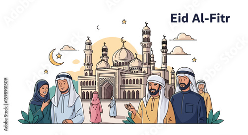 Joyful Muslim Community Celebrating Eid Al-Fitr with Grand Mosque Background