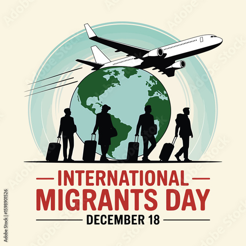 International Migrants Day December 18 people traveling around the globe with airplane and luggage concept for global mobility and human rights awareness