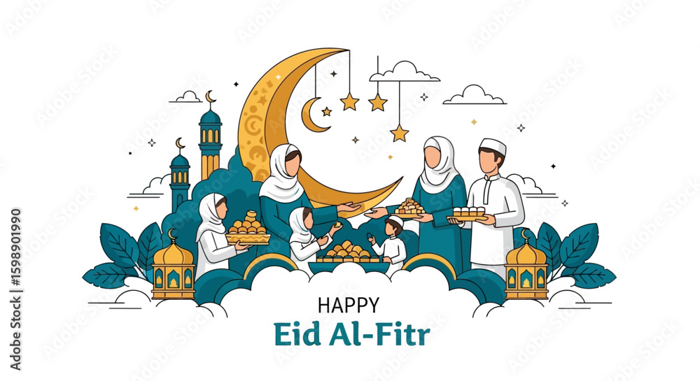 Fototapeta premium Happy Eid Al-Fitr Celebration with Muslim Family and Sweets