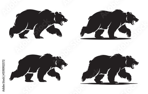 Silhouette illustration of angry bears stalking and hunting on a white background in different poses