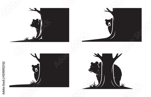 Silhouette illustrations of a bear hidden behind a tree suitable for hunting and wildlife designs