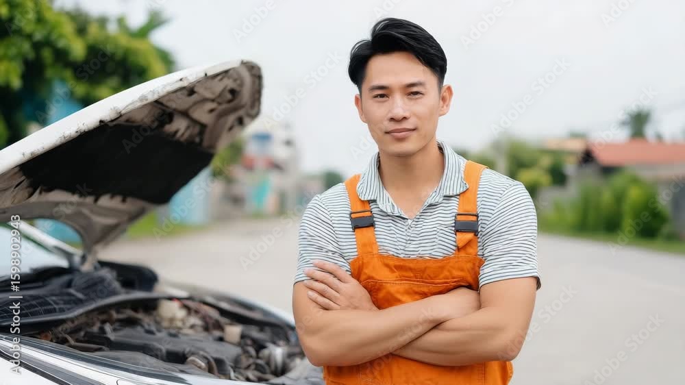 Confident Mechanic in Orange Overalls by Car with Open Hood Outdoors