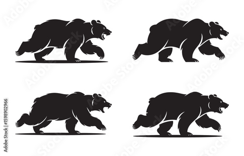 Silhouette illustrations of aggressive grizzly bears showing various hunting poses and running towards prey