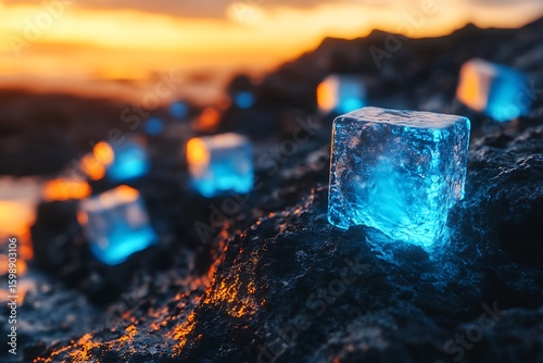 Glowing Ice Cubes on Rocky Ground at Sunset with Warm Light