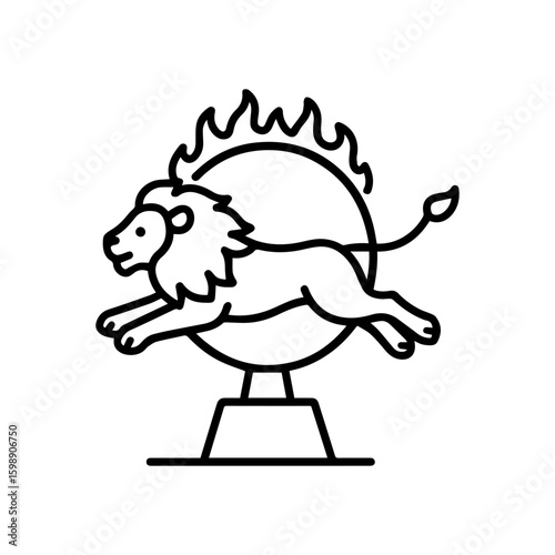 line icon lion jumping through burning ring vector on white background
Vector line icon on white background