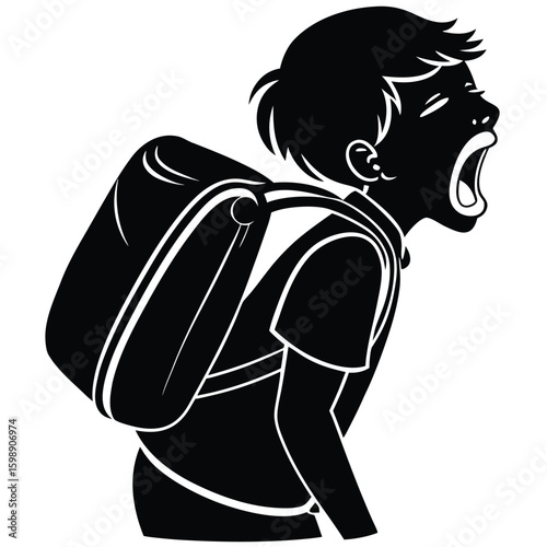 Black and white silhouette of a student yawning with a backpack 1