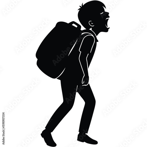Black silhouette of a boy yawning with a large backpack 1