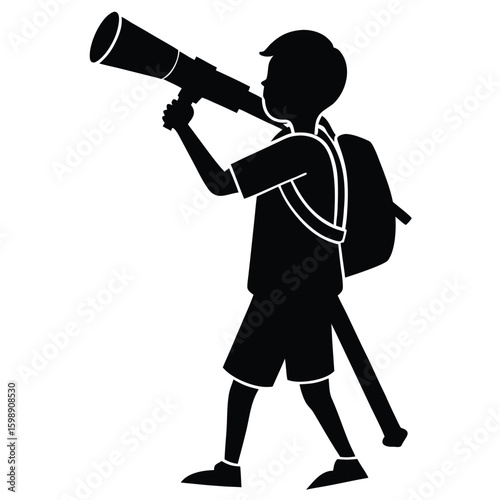 Black silhouette of a child with a backpack looking through a telescope 3