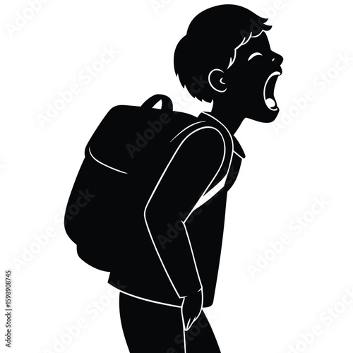 Black silhouette of a student yawning with a backpack