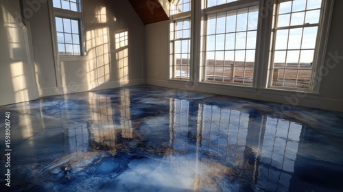 Stunning epoxy resin floor with a beautiful blue and white marbled design.