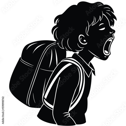 Black silhouette of a student yawning with a large backpack