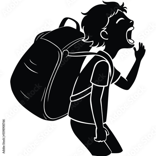 Black silhouette of a student yawning with a large backpack 1