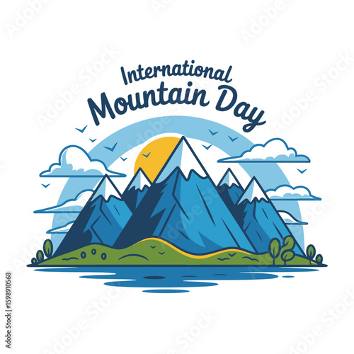 Celebrate International Mountain Day with a scenic landscape featuring snow-capped peaks, a radiant sun, and serene waters in a captivating outdoor vista