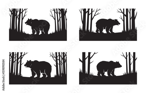 Silhouette illustration of a grizzly bear walking through a forest scene isolated on white