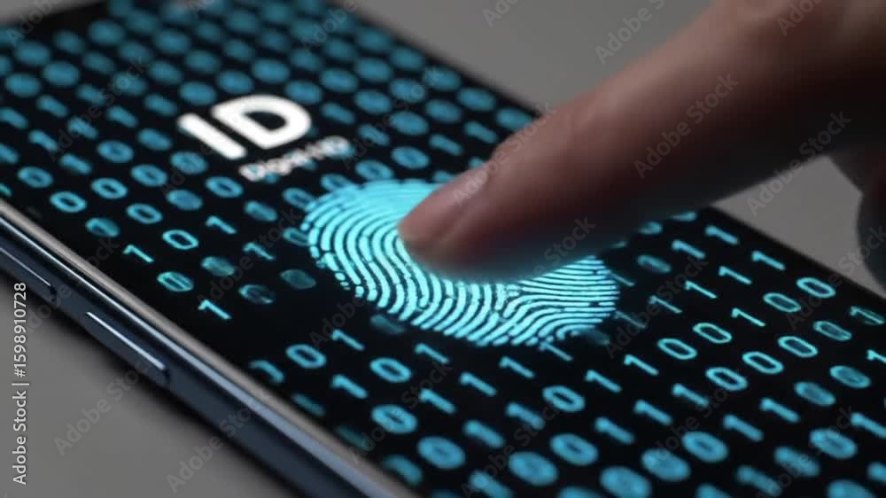Finger pressing biometric ID fingerprint scanner on futuristic digital interface
