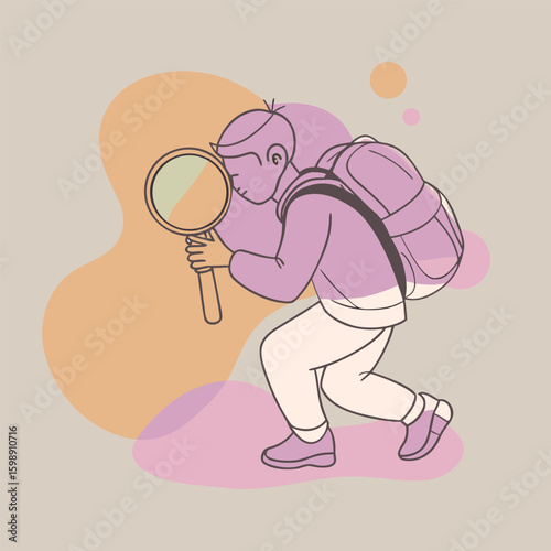 Person with backpack uses magnifying glass to examine ground