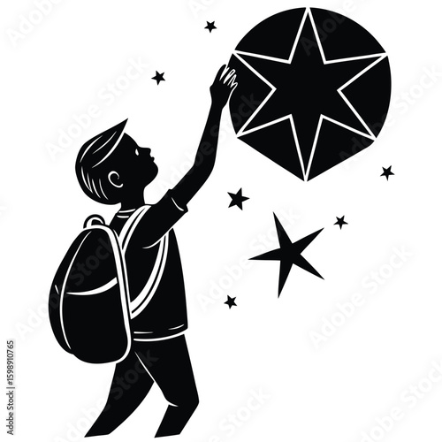 Silhouette of a boy reaching for a large star child