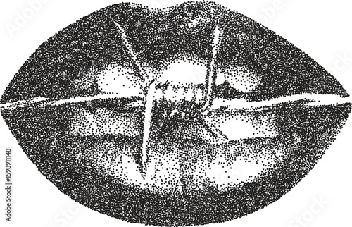 Mouth smile retro y2k stipple design lip halftone brutalist urban vector png with clear background, tongue 2000s photocopy grunge tattoo gen z effect