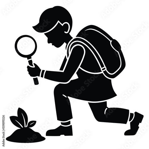 Silhouette of a child with backpack using magnifying glass to examine plant