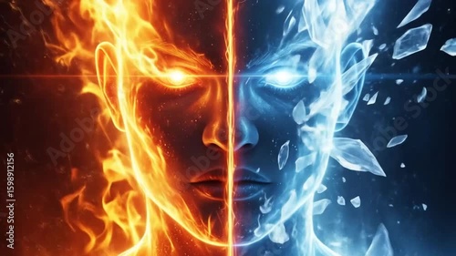 Face split between orange flame and blue shattering ice.	
