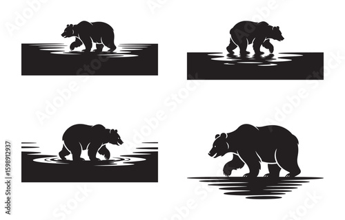 Silhouetted illustrations of grizzly bears walking through water in a minimalist style