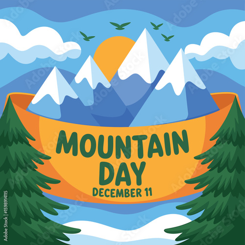 Celebrating Mountain Day on December 11 with a scenic view of snow-capped mountains, evergreen trees, flying birds, and a warm sun shining above the peaks