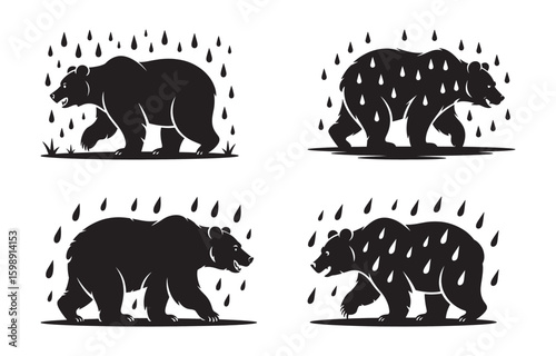 Vector illustration of a grizzly bear walking in the rain in black silhouette design