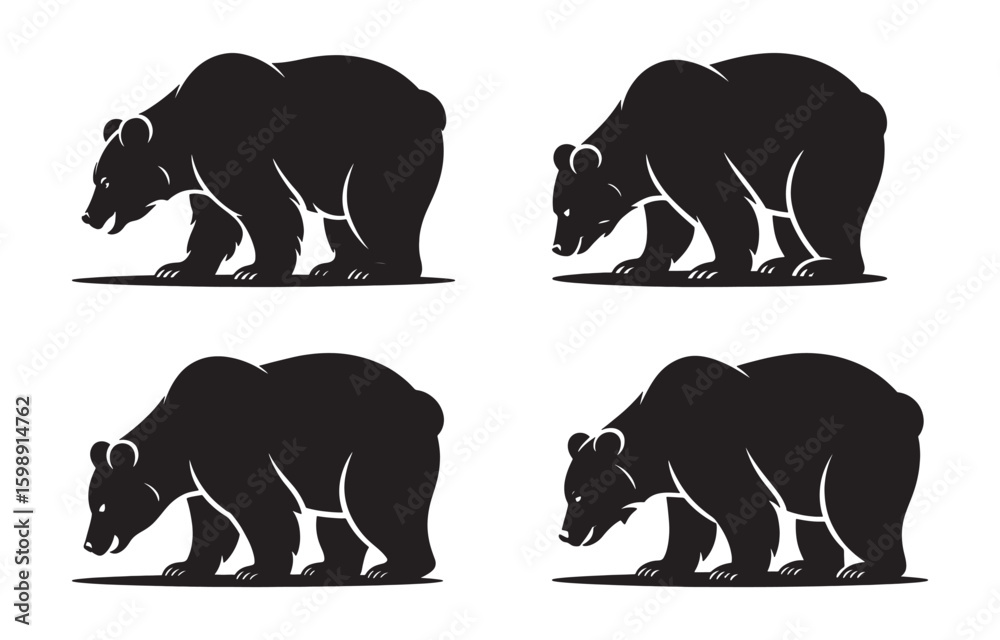 Fototapeta premium Four stylized black bear silhouettes standing in various poses on a white background